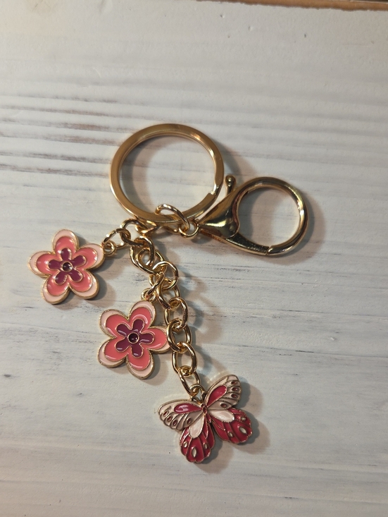 Accessories - 5 For 25 Gold-Tone Pink Floral & Butterfly Keychain Charm